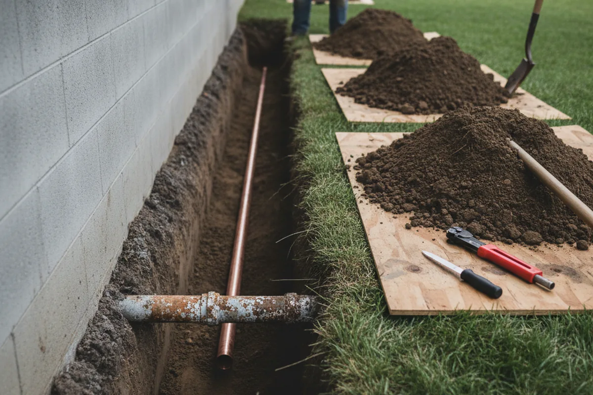 Excavated water line trench during Sewer Line Repair in Skippack